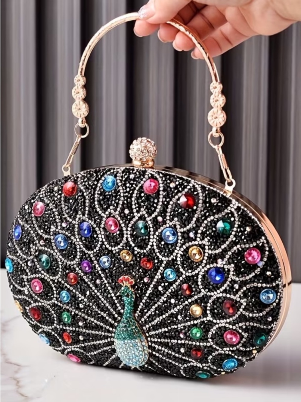 Black Jeweled Peacock Evening Clutch with Gold Chain